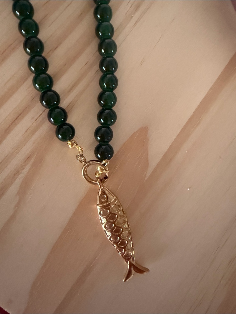 Green Beaded Necklace with Gold Fish Pendant - Fashion Accessory